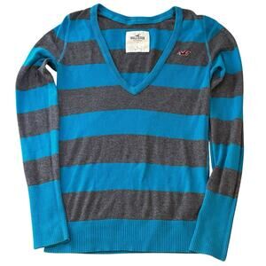 Y2K Hollister Striped Deep V-Neck Slim Large Blue Gray Cotton Blend Sweater